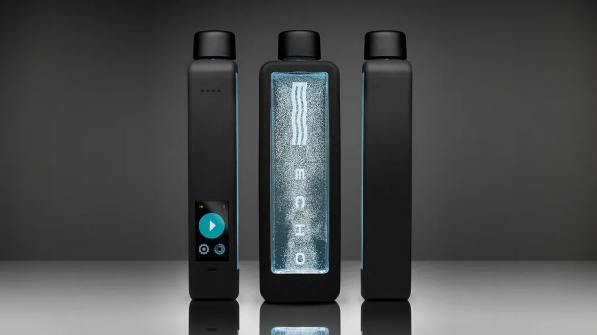 Echo Flask hydrogen water bottle shown in multiple angles with front, side, and active hydrogen chamber display in studio setting