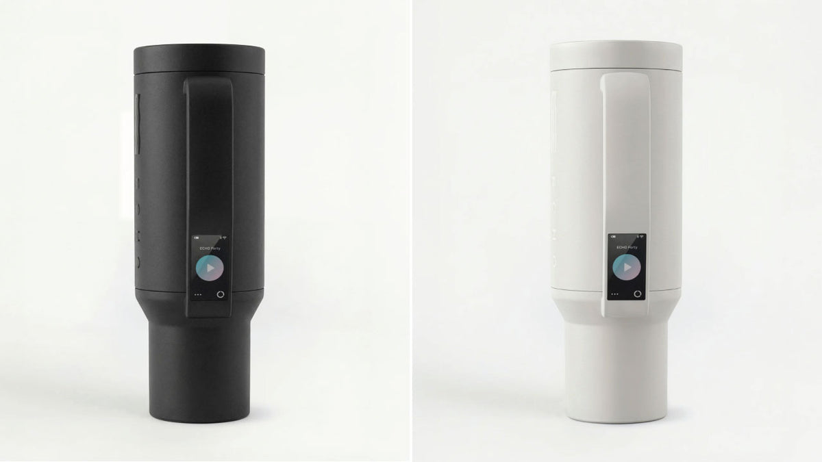 Echo Forty hydrogen water tumbler 40 oz back view showing touchscreen interface and ergonomic handle in black and white dual color product design