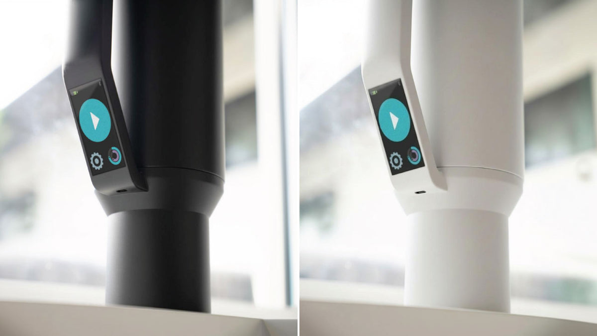 Echo Forty hydrogen water tumbler touchscreen interface detail showing control panel and hydrogen generation settings in black and white dual color design