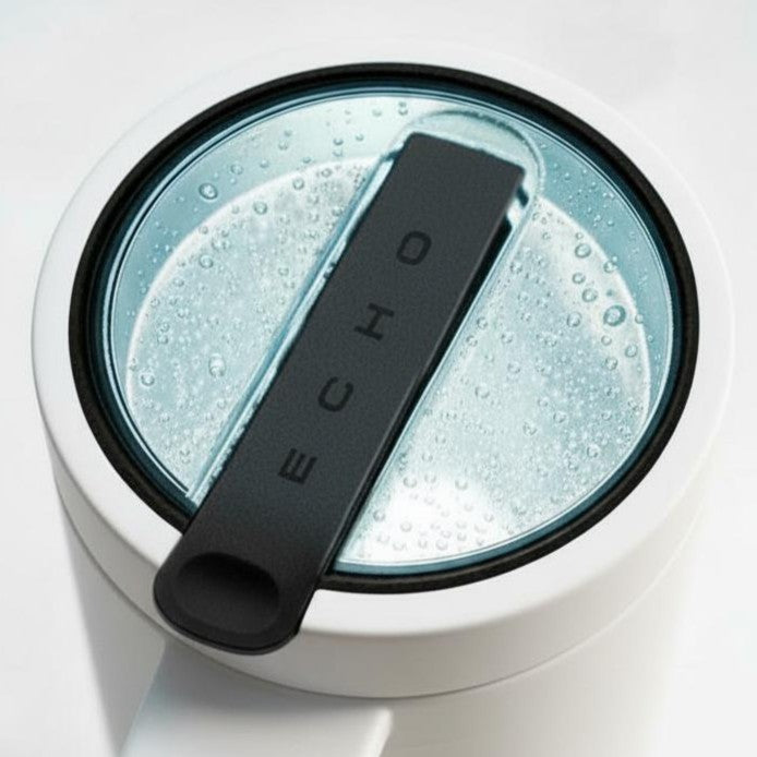 Echo Forty hydrogen water tumbler lid top view showing sealed drinking surface and internal hydrogen generation chamber with visible water condensation