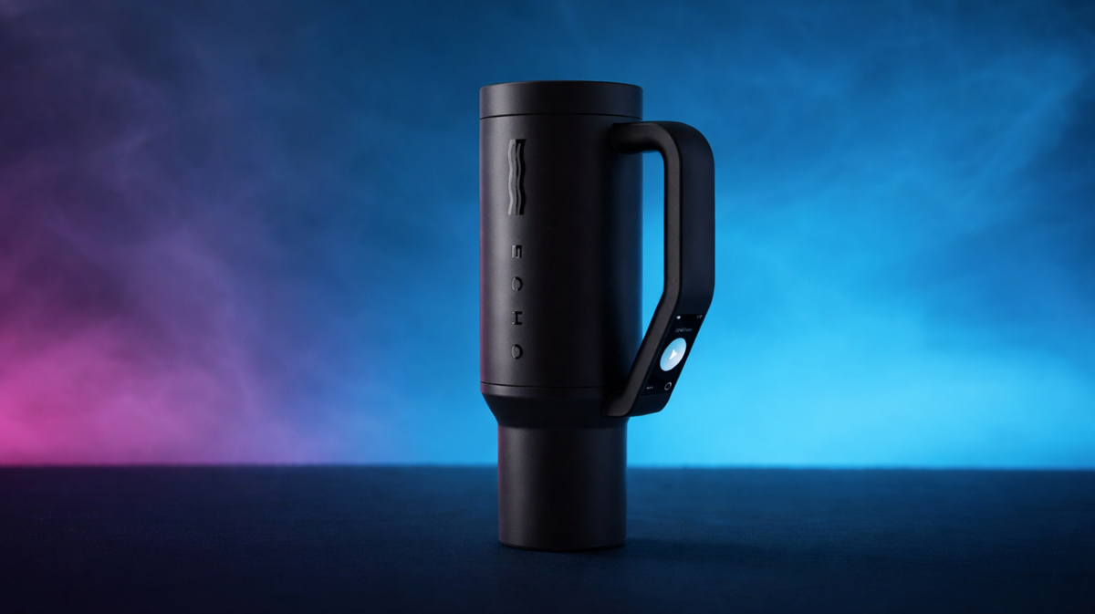 Echo Forty hydrogen water tumbler side profile showing ergonomic handle design and stainless steel body in black and white portable hydrogen water system
