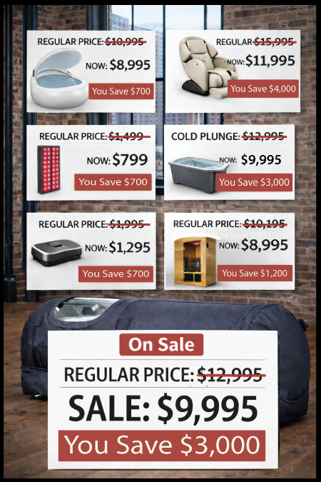 Evergreen sales and illusory pricing on wellness equipment showing hyperbaric, red light therapy, cold plunge, sauna and recovery systems with crossed-out regular prices and lower sale prices.