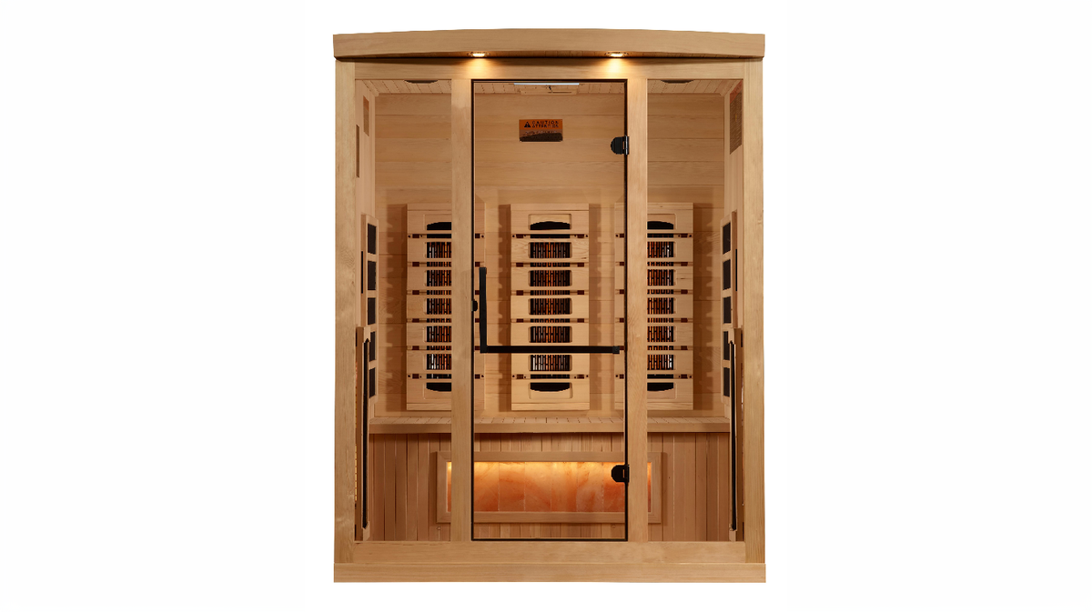 Golden Designs Reserve Edition infrared sauna interior showing full heater panel layout bench seating and illuminated Himalayan salt bar under bench front view through glass door
