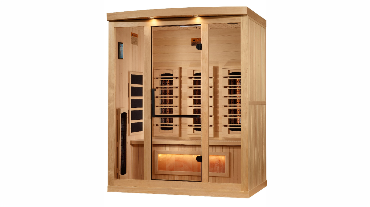 Golden Designs Reserve Edition 3 person infrared sauna angled view showing glass door interior heater panels and full spectrum layout