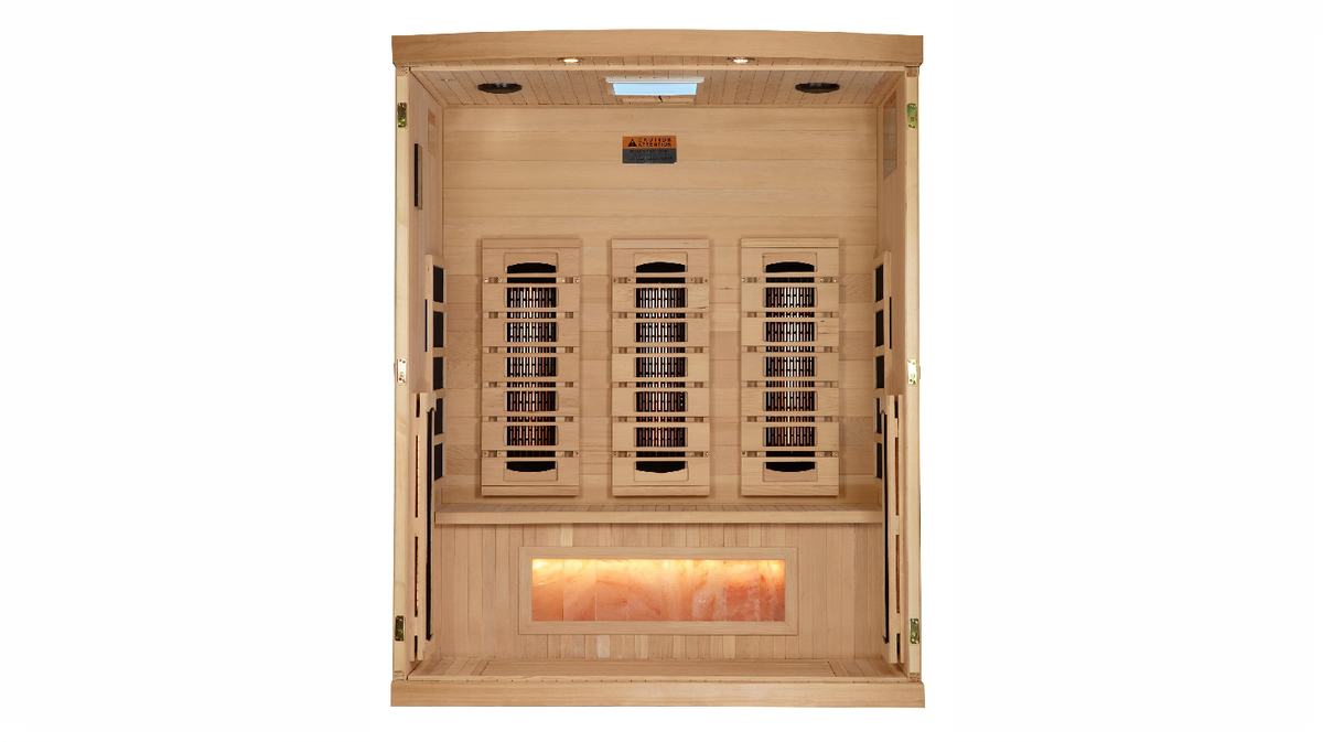 Golden Designs Reserve Edition 3 person full spectrum infrared sauna front view showing Canadian hemlock build glass door heater panels and Himalayan salt bar