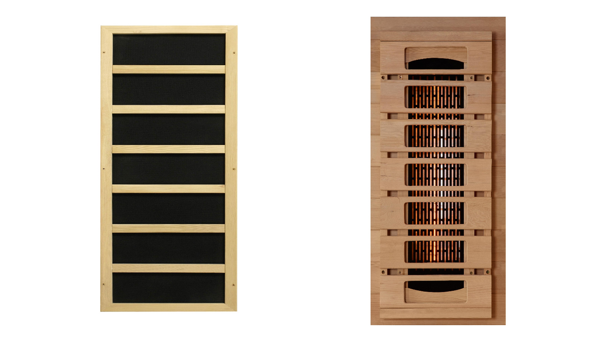Golden Designs Reserve Edition full spectrum infrared sauna carbon heating panel and near infrared heater comparison showing dual heat source configuration inside indoor sauna
