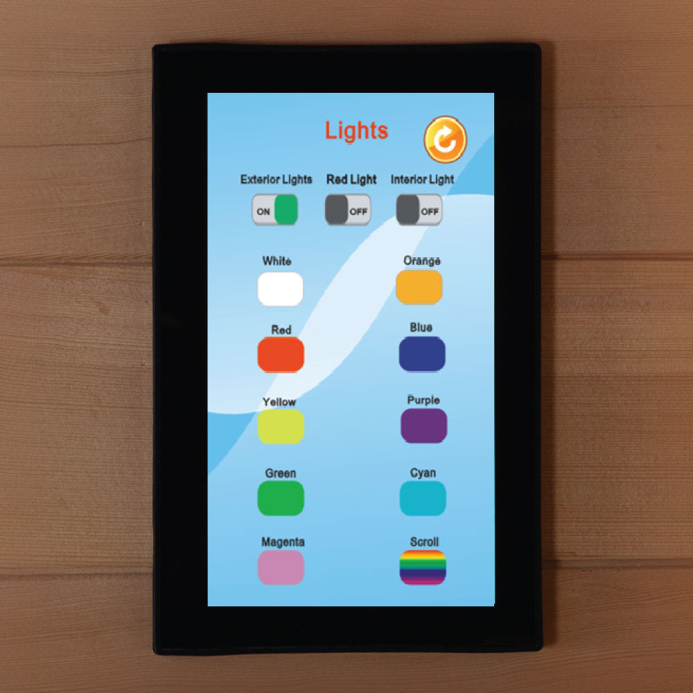 Golden Designs Reserve Edition sauna touchscreen control panel displaying chromotherapy lighting options and red light selection interface mounted inside wood cabin