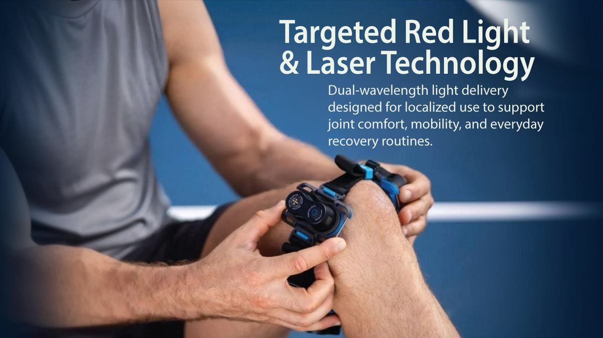 Kineon MOVE+ wearable red light therapy device applied to multiple joint areas including neck shoulder back and wrist