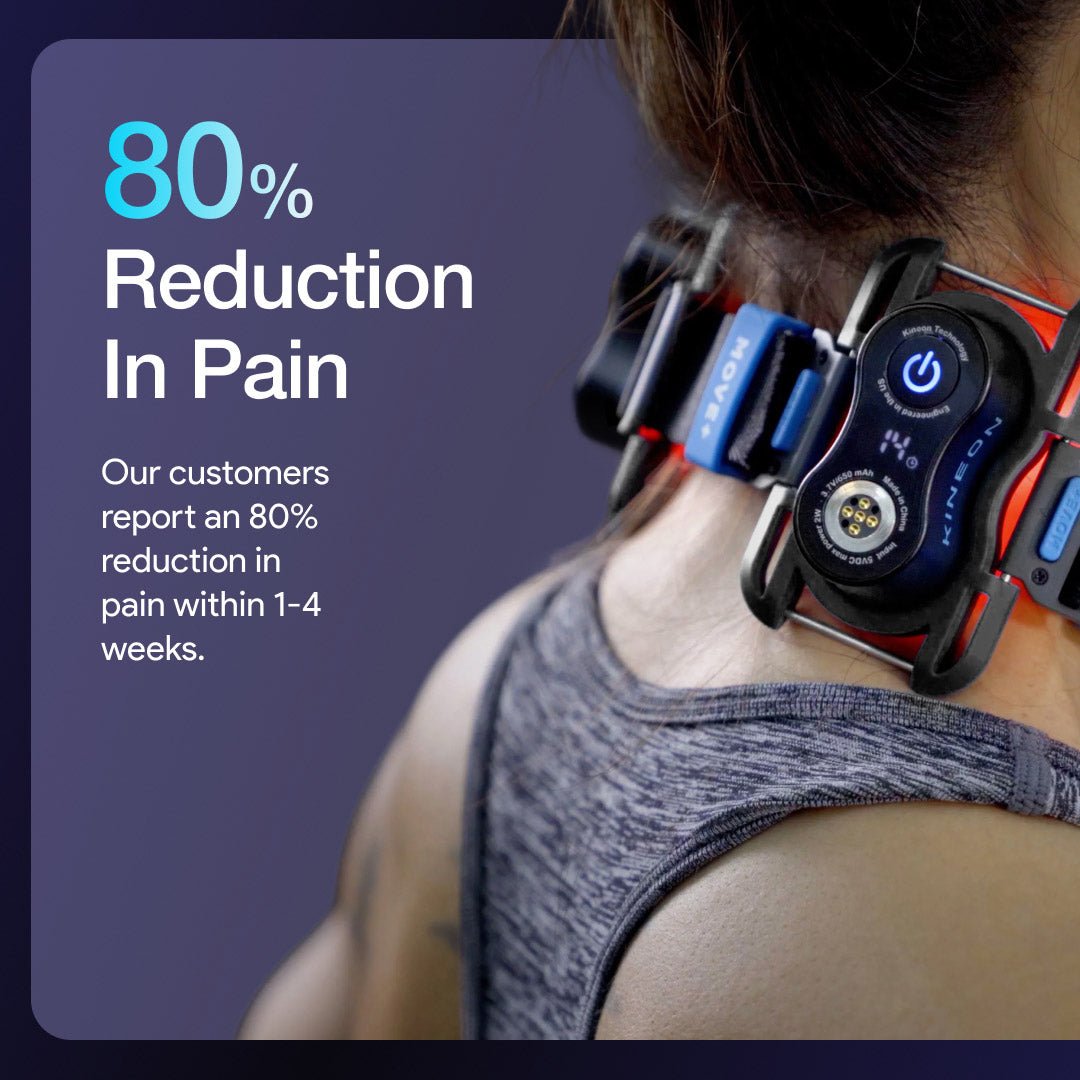 Kineon MOVE+ wearable red light and laser therapy device positioned on neck during seated home use