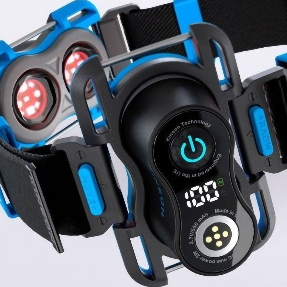 Kineon MOVE+ red light therapy device close-up showing control module display buttons and LED light components