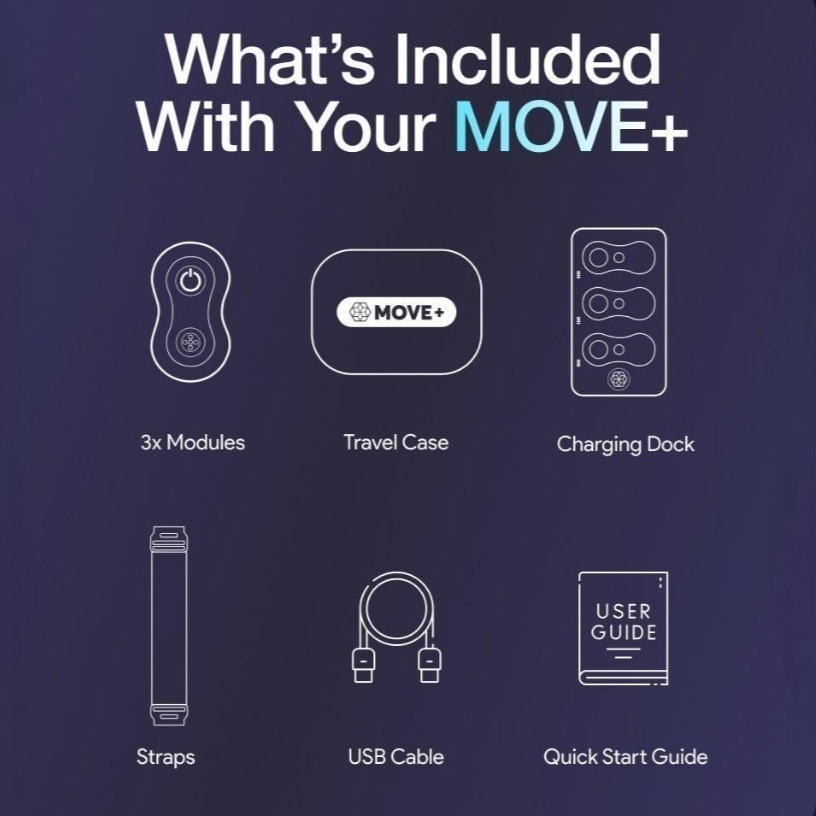 Kineon MOVE+ red light therapy device kit showing modules charging dock straps cable and case layout