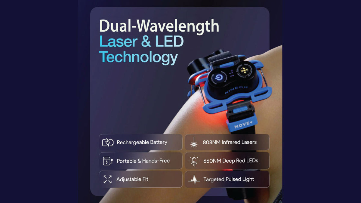 Kineon MOVE+ wearable red light and laser therapy device applied to shoulder joint in indoor setting