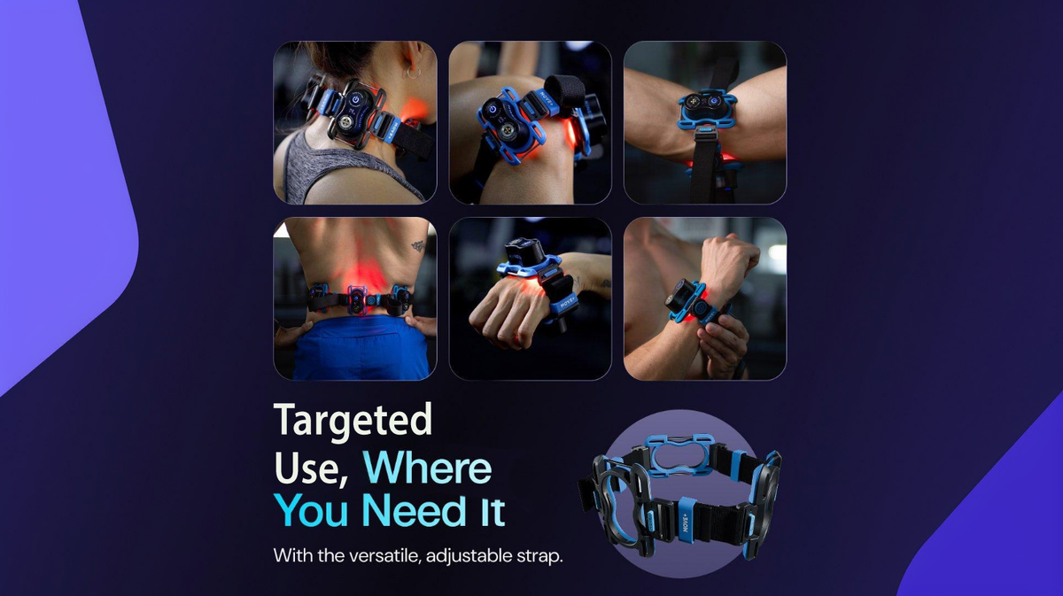 Kineon MOVE+ red light therapy device step-by-step daily use showing strap setup device activation and session use