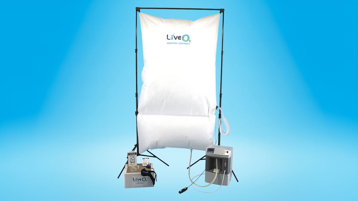 LiveO2 Adaptive Contrast EWOT system with extra-large high altitude chamber components layout showing chamber, air separator, tubing, mask kit, and pulse oximeter