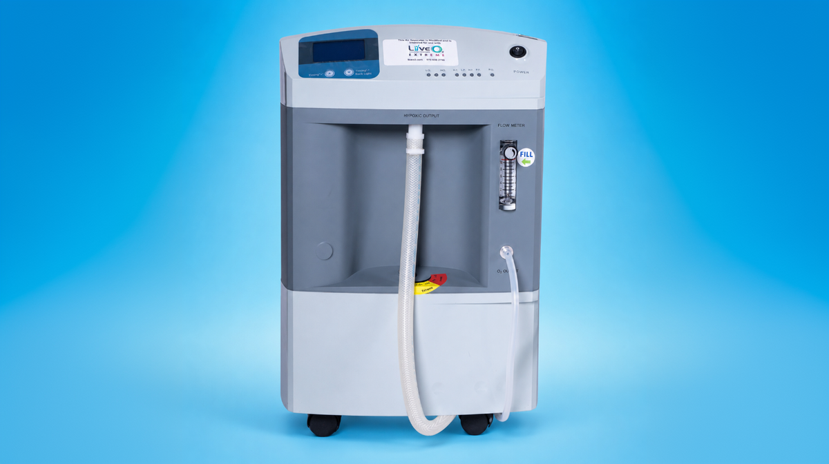 LiveO2 Adaptive Contrast EWOT system air separator front view showing hypoxic output, flow meter, tubing, and fill controls