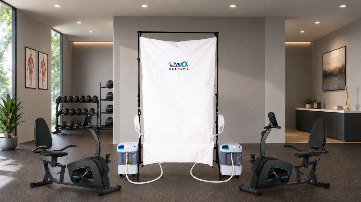 LiveO2 Dual User Extreme adaptive contrast EWOT system set up with two exercise stations in clinic or performance space