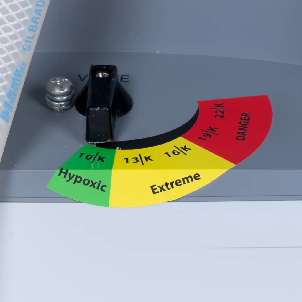 LiveO2 Dual User Extreme adjustable hypoxic challenge control dial close-up showing altitude-style training range