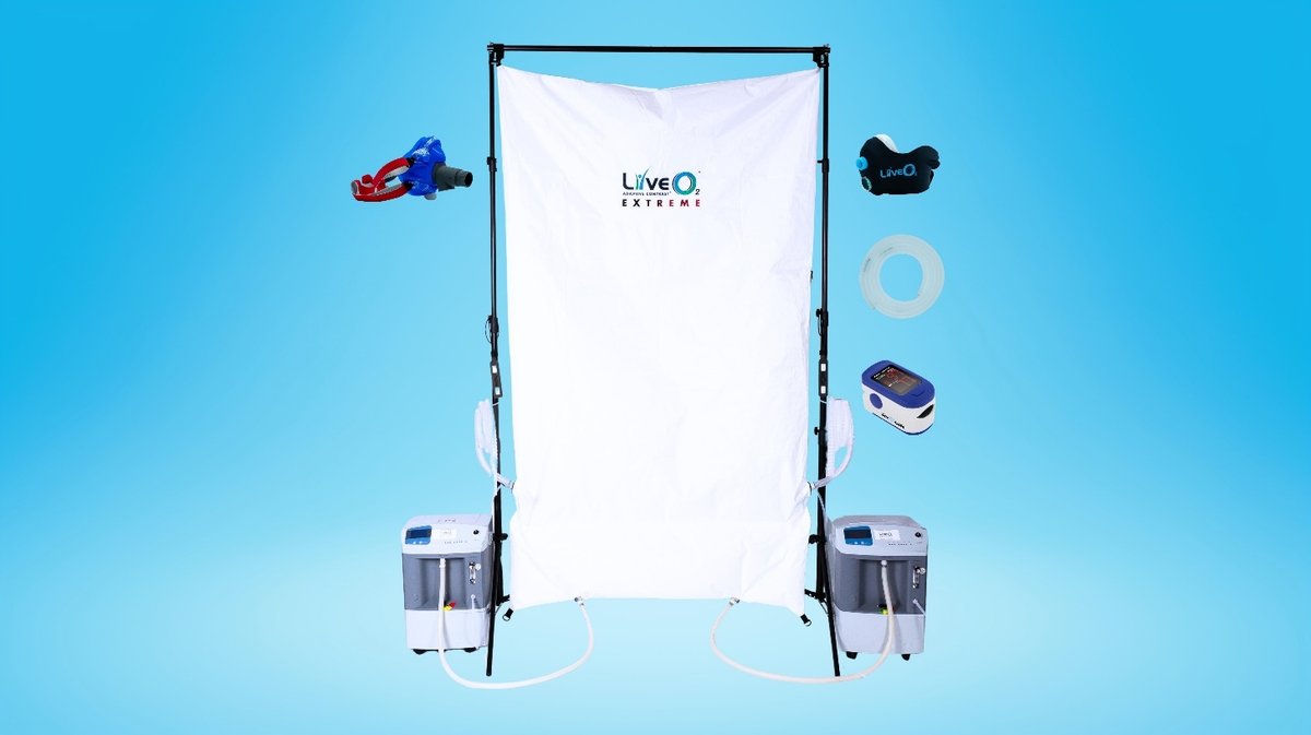 LiveO2 Dual User Extreme complete adaptive contrast EWOT system with dual air separators, reservoir, tubing, mask kits, and pulse oximeter