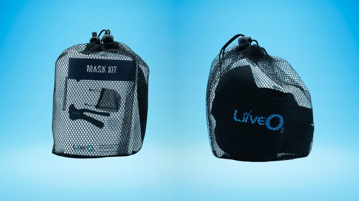 LiveO2 Dual User Extreme Standard Neoprene Mask Kits shown in storage bags for multi-user EWOT setup