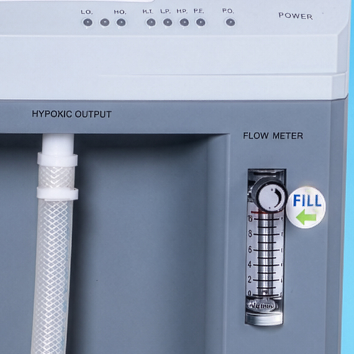 LiveO2 EWOT Oxygen Training System air separator close-up showing flow meter, fill control, hypoxic output label, and tubing connection