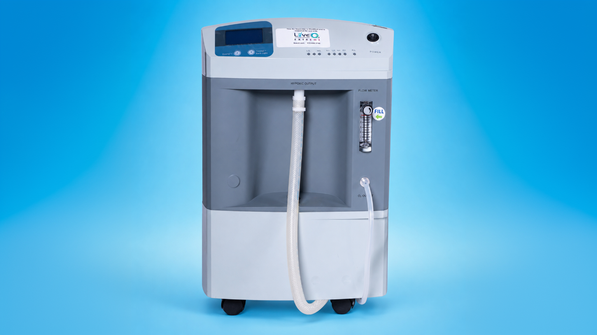 LiveO2 EWOT Oxygen Training System 10 LPM air separator front view with tubing connection and flow meter for reservoir-based oxygen training