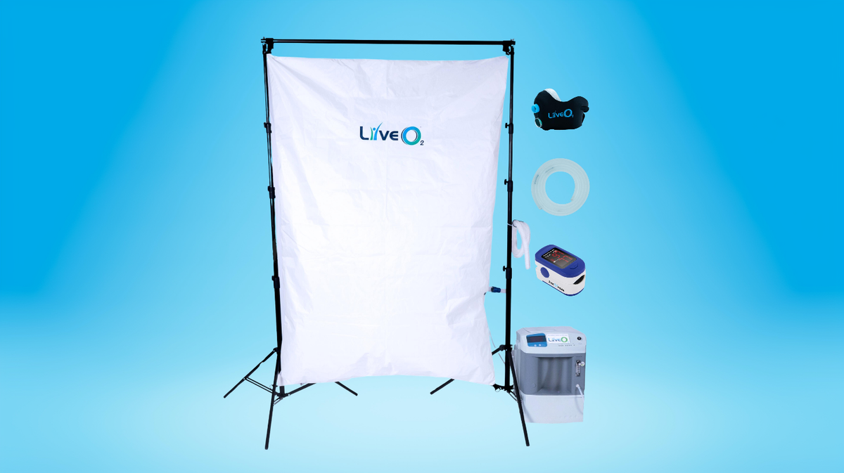 LiveO2 EWOT Oxygen Training System complete kit layout showing reservoir, 10 LPM air separator, tubing, mask kit, and pulse oximeter for home use