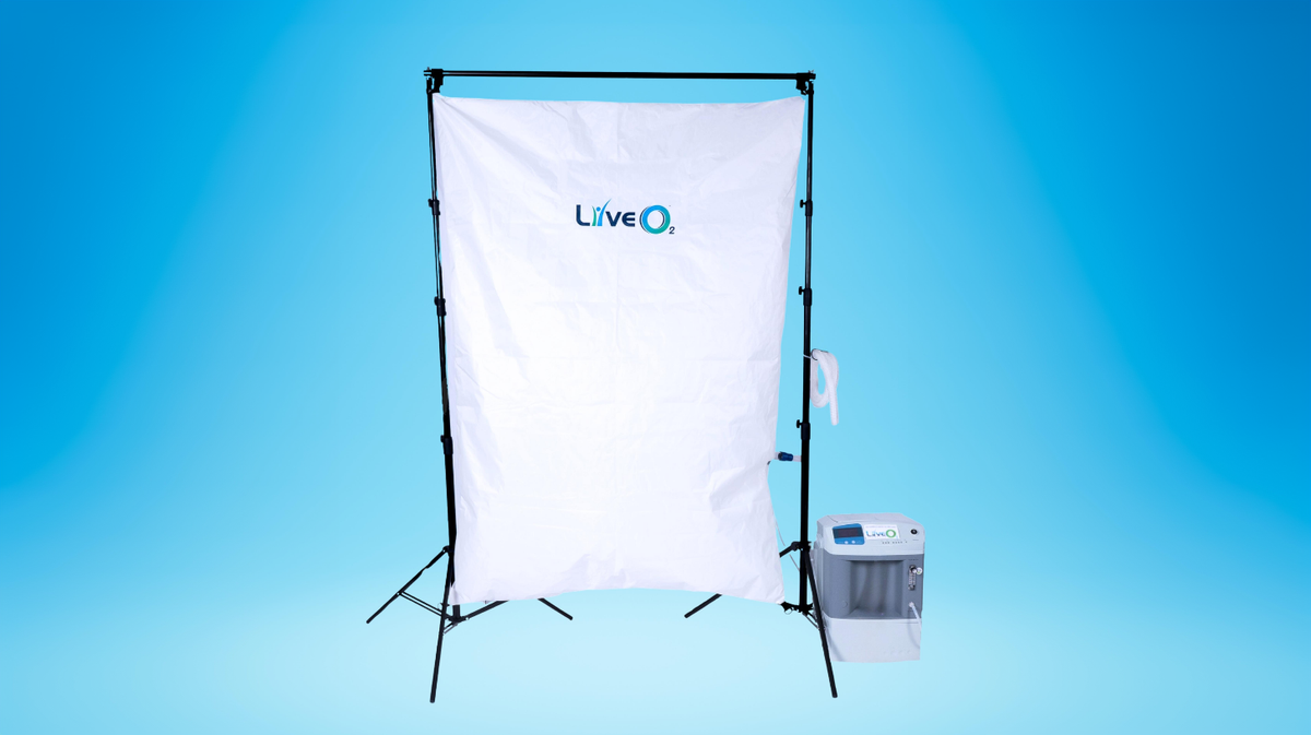 LiveO2 EWOT Oxygen Training System reservoir with 10 LPM air separator and frame kit on blue background for home oxygen training setup