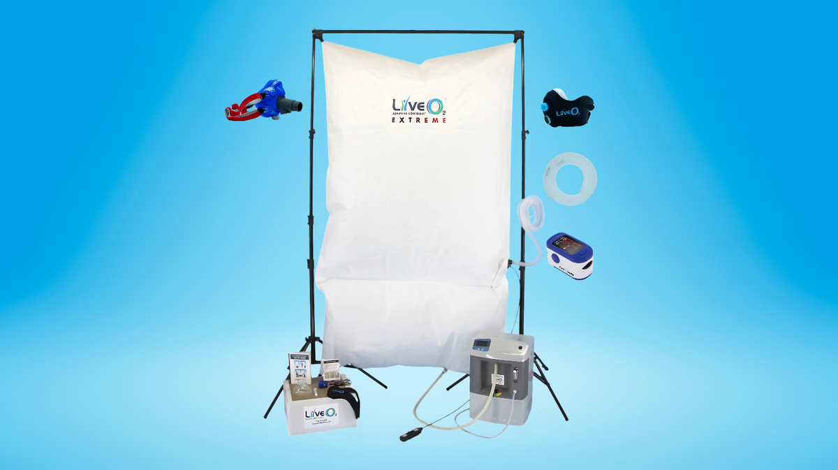 LiveO2 Extreme adaptive contrast EWOT system with reservoir, frame kit, mask kits, tubing, pulse oximeter, and air separator