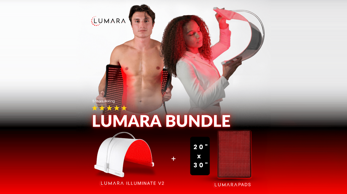 Lumara Illuminate V2 red light therapy panel and large 20x30 pad used for full body light therapy and recovery in a home setting