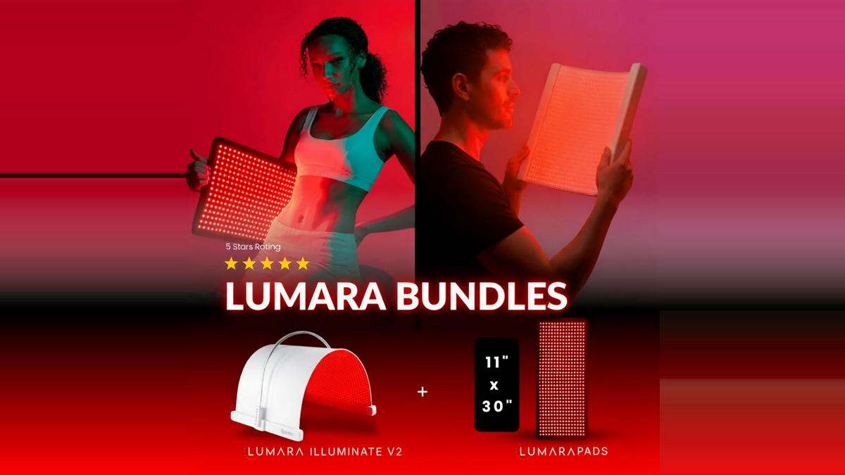 Lumara Illuminate V2 red light therapy panel and long 11x30 pad positioned for extended body coverage during home recovery sessions