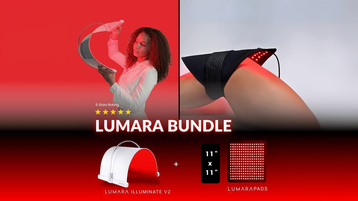 Lumara Illuminate V2 red light therapy panel and small 11x11 pad used for targeted home wellness and recovery treatments