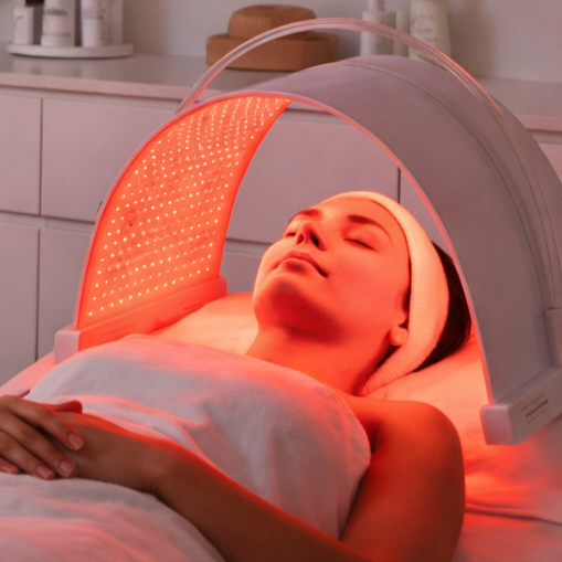 Lumara Illuminate V2 red light therapy panel facial treatment in professional spa environment