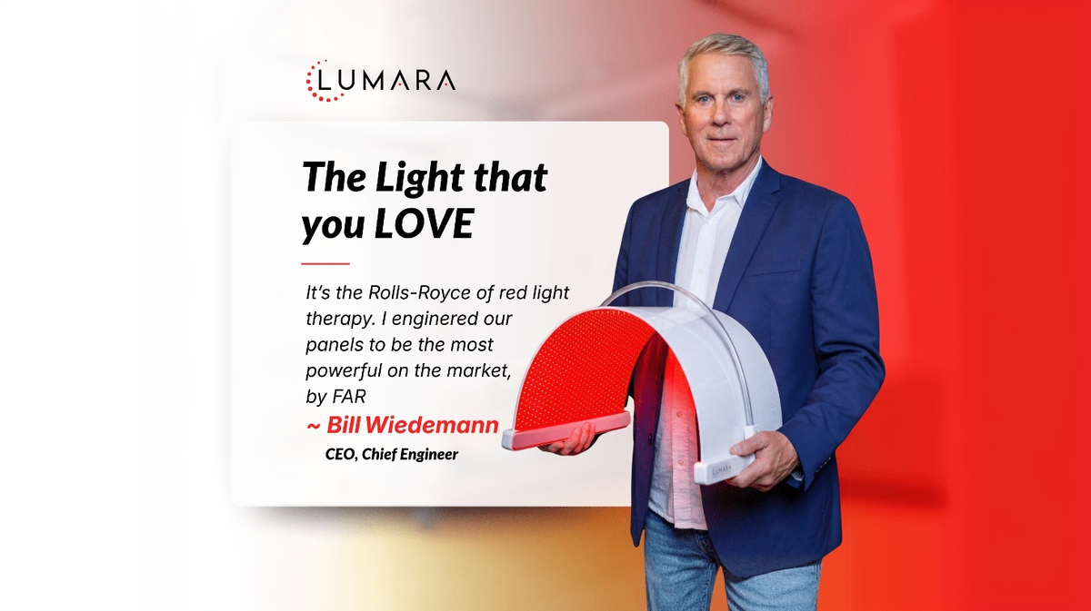 Lumara Illuminate V2 red light therapy panel displayed by company founder in studio setting