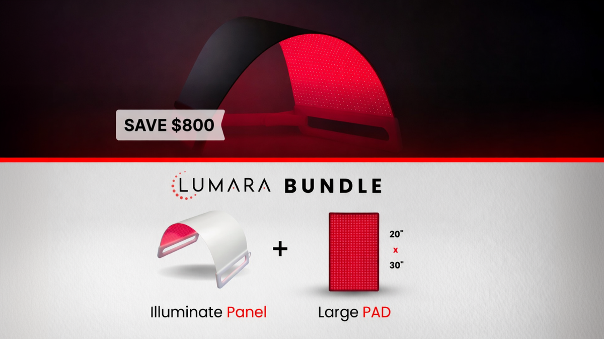 Lumara red light therapy bundle featuring illuminate panel and large pad for full body light exposure in product display setting