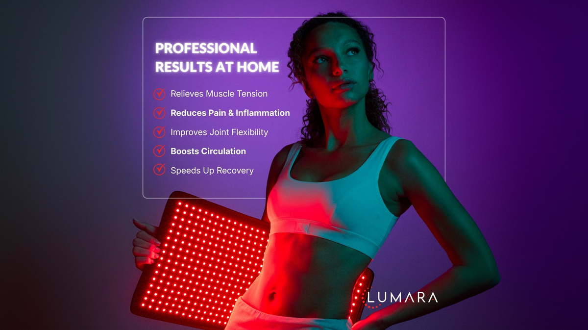 Lumara red light therapy pad applied to body during home use showing flexible placement and light coverage