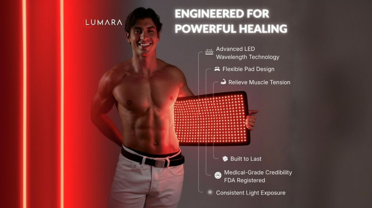 Lumara red light therapy pad held in hand showing illuminated LED light output in controlled indoor setting