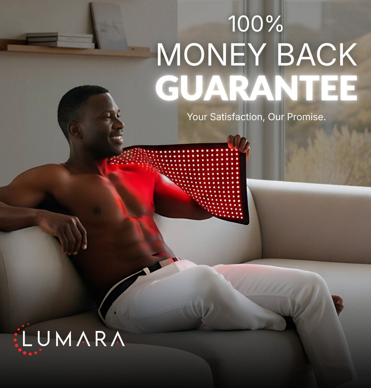 Lumara red light therapy pad used while relaxing on couch in home environment showing comfortable treatment setup