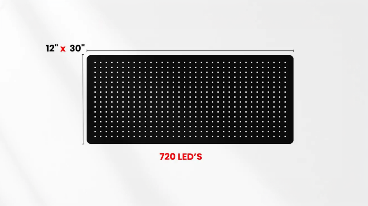 Lumara red light therapy pad long size 12 by 30 inch LED coverage pattern displayed on flat surface