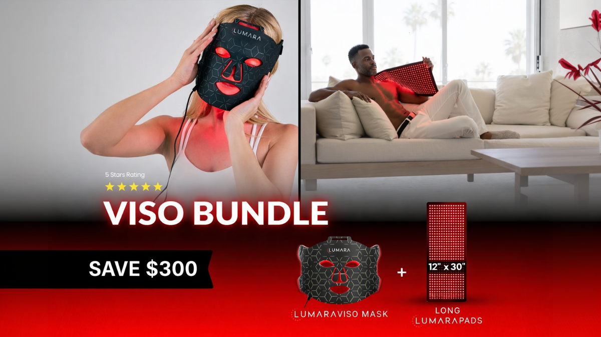 Lumara Viso bundle with LED light therapy mask and 12 by 30 inch flexible red light therapy pad for targeted and full body use