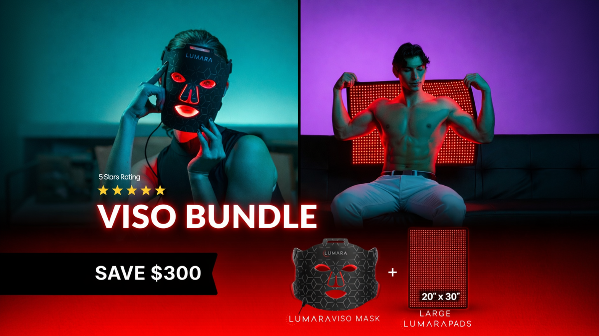 Lumara VISO bundle red light therapy mask with large 20 by 30 inch pad shown for full body and facial use in studio setting