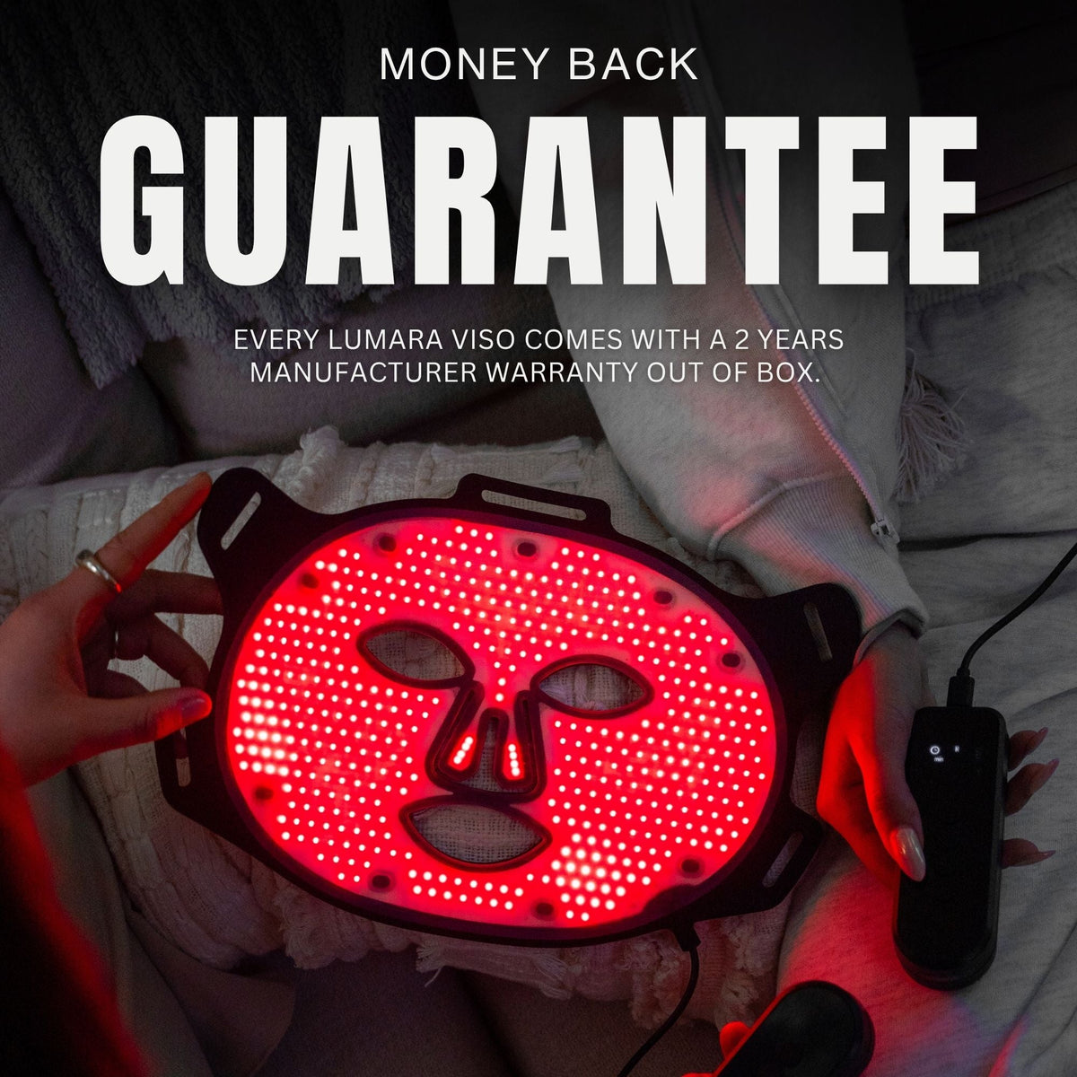 Lumara Viso LED mask showing 2 year manufacturer warranty and product reliability assurance
