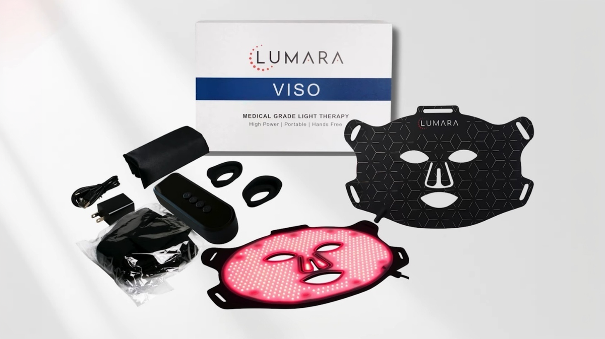 Lumara Viso LED mask kit including controller, straps, power components and protective accessories