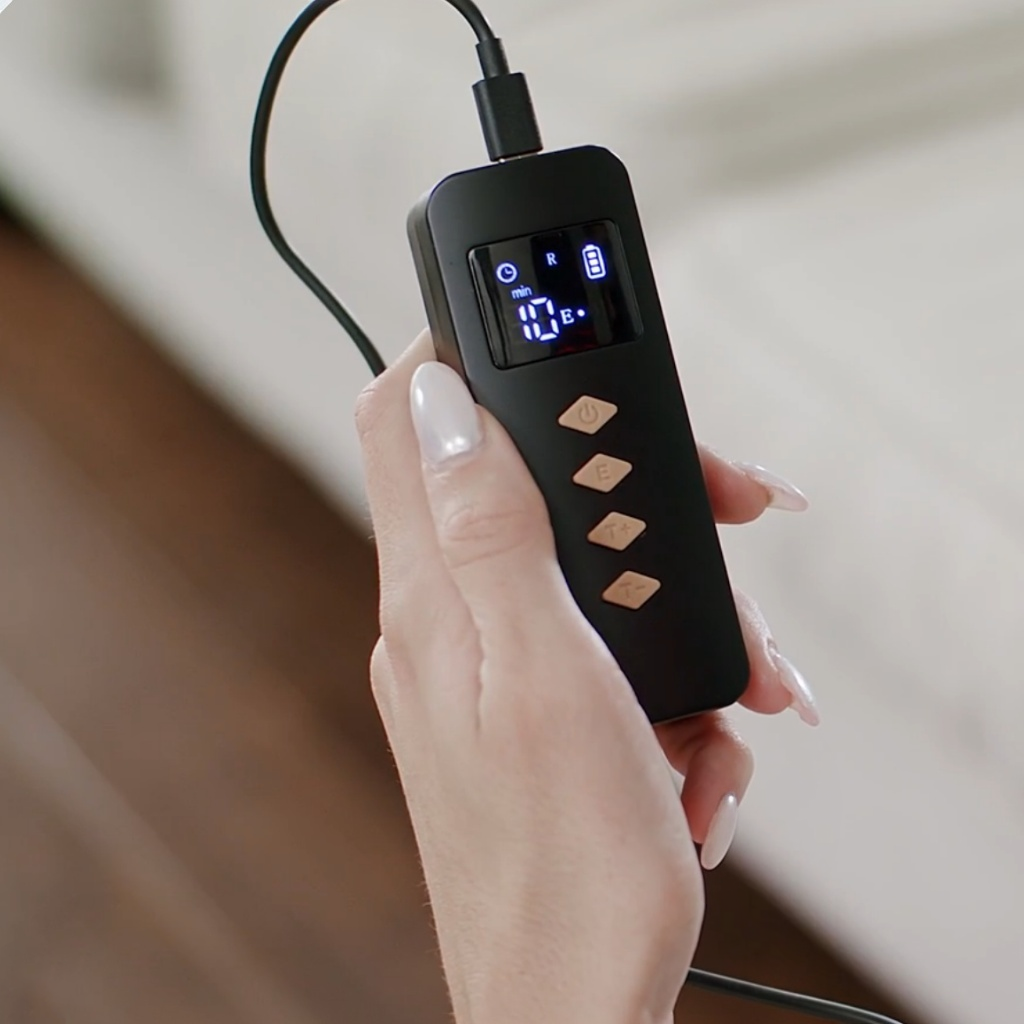 Lumara Viso LED mask handheld controller showing timer settings and adjustable treatment controls