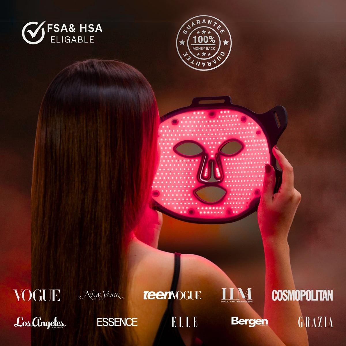 Lumara Viso LED mask with FSA HSA eligibility and money back guarantee highlighted with media recognition 