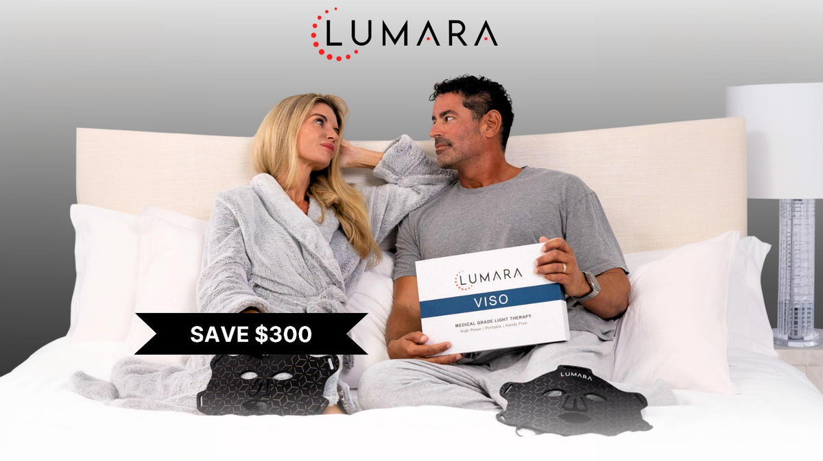 Couple using Lumara Viso LED mask at home with product packaging showing convenient skincare routine integration