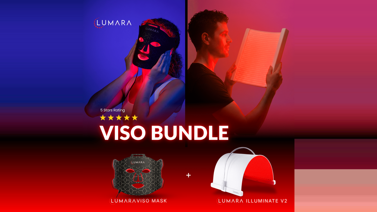 Lumara VISO red light therapy mask and Illuminate V2 panel used together for facial and full body light therapy at home