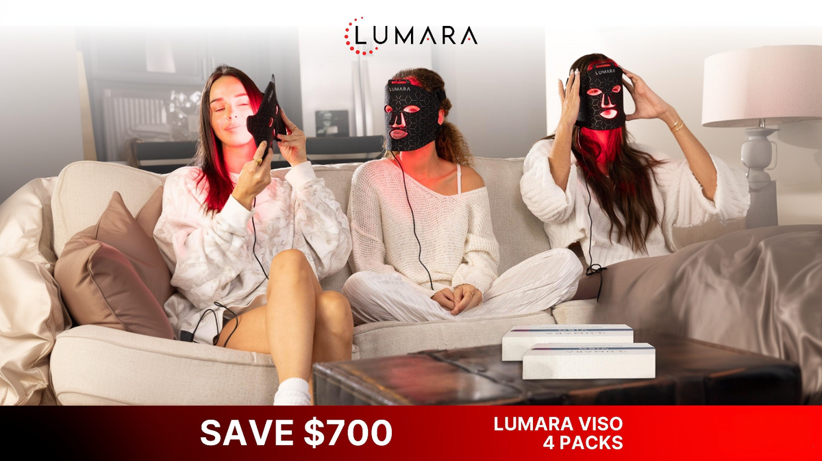 Multiple users applying Lumara Viso LED masks demonstrating shared home skincare and red light therapy use