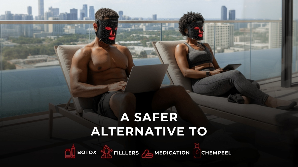 Two users wearing Lumara Viso LED masks relaxing outdoors demonstrating portable red light therapy lifestyle use