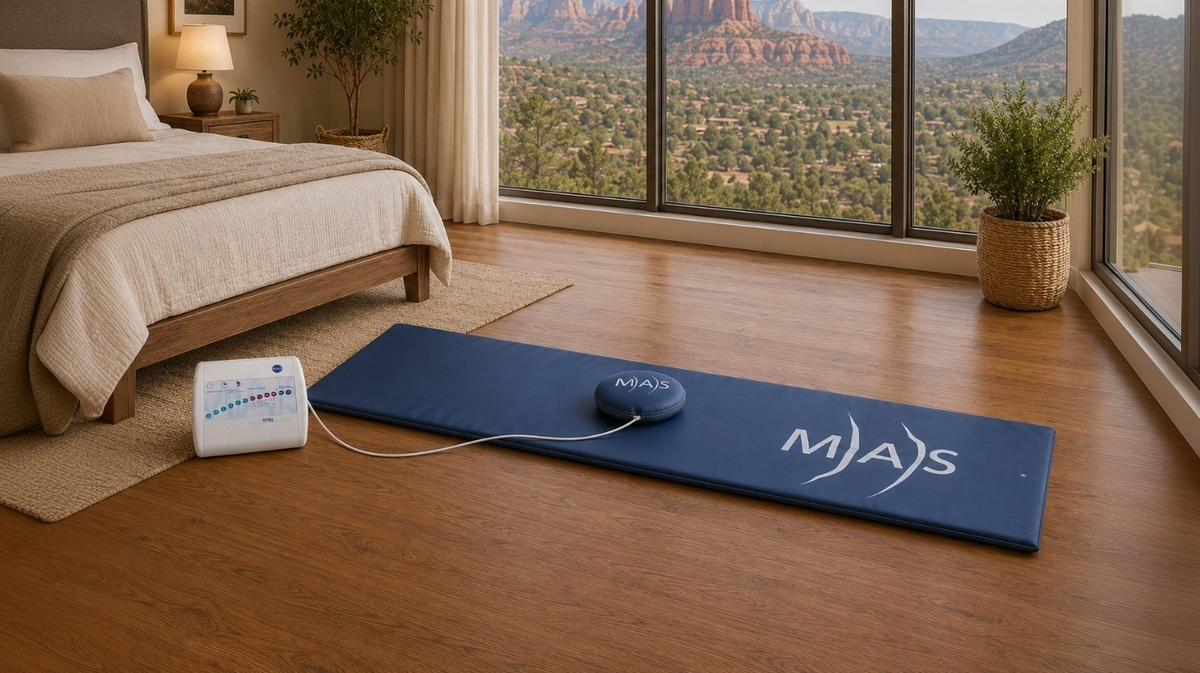 MAS analog PEMF full-body mat system positioned in luxury bedroom wellness environment with controller and targeted pillow applicator