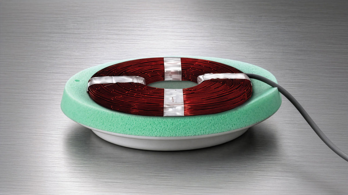 MAS analog PEMF copper coil applicator assembly showing internal electromagnetic field generation technology for waveform therapy systems